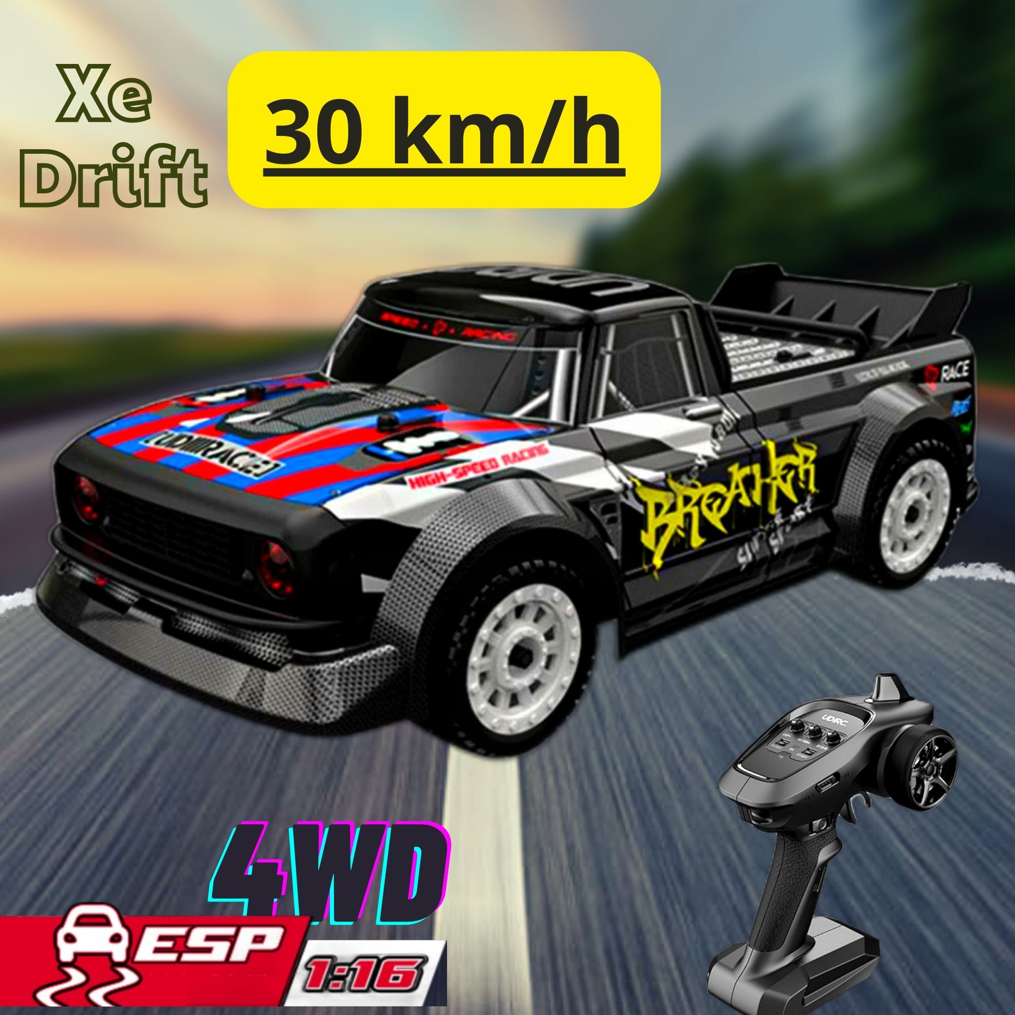 Xe đua Drift điều khiển từ xa UD1601 tốc độ 30km/h, Xe điều khiển tốc độ cao tỉ lệ 1:16, 4WD, Có ổn định điện tử ESP và điều tốc