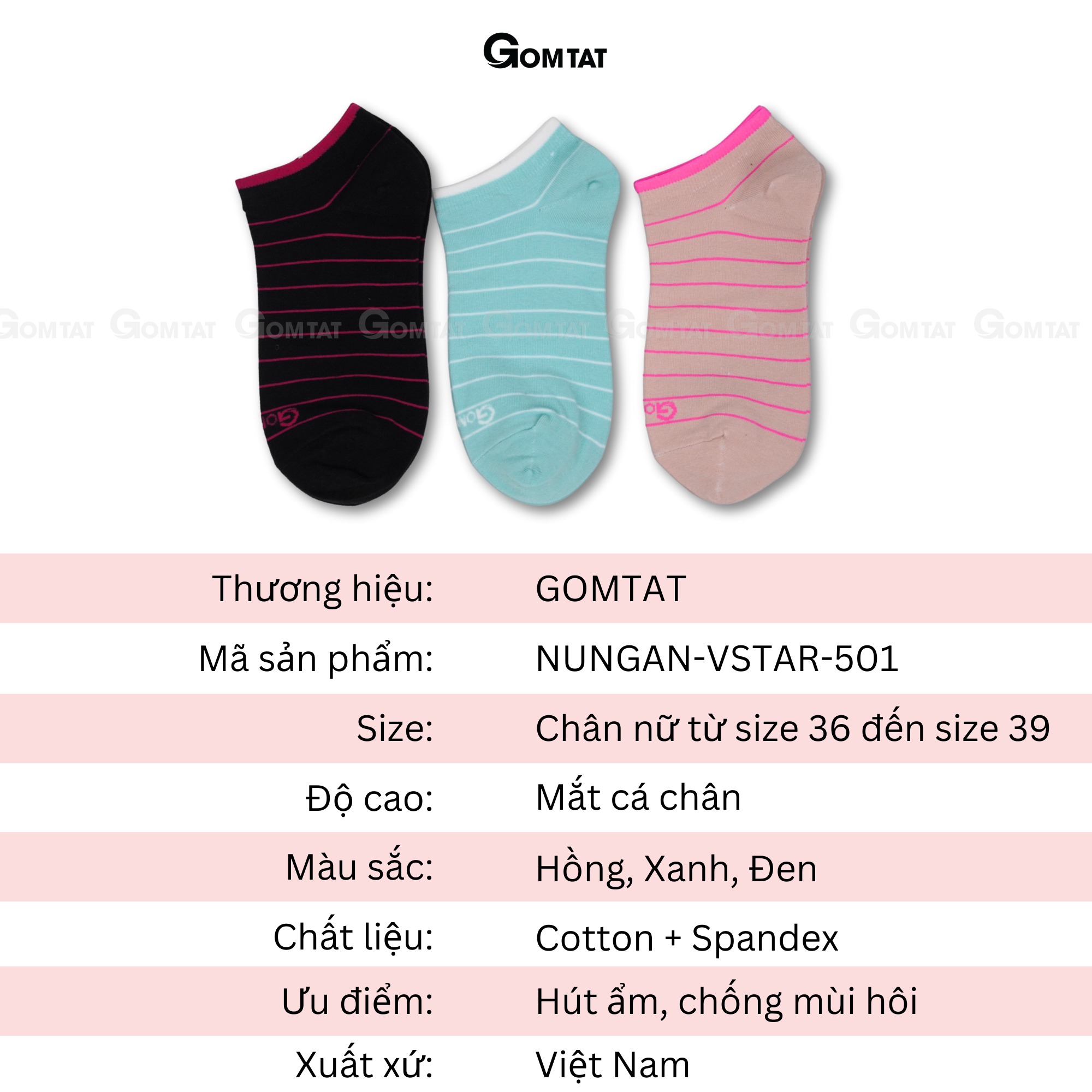 Tất Nữ cổ ngắn GOMTAT, Vớ Nữ họa tiết kẻ sọc với chất liệu cotton cao cấp - NUNGAN-VSTAR-501