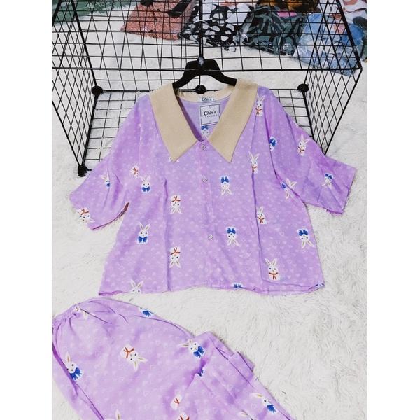Bộ Pijama Cổ Nhọn Thỏ Trắng xinh xắn size dưới 60kg