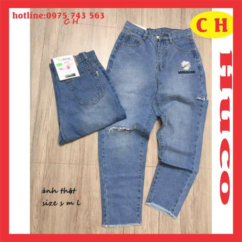 quần bò nữ, quần jeans hoa cúc và hoa cúc in chữ hàng bò dày dặn form bagy kèm video ảnh thật giá rẻ nhất