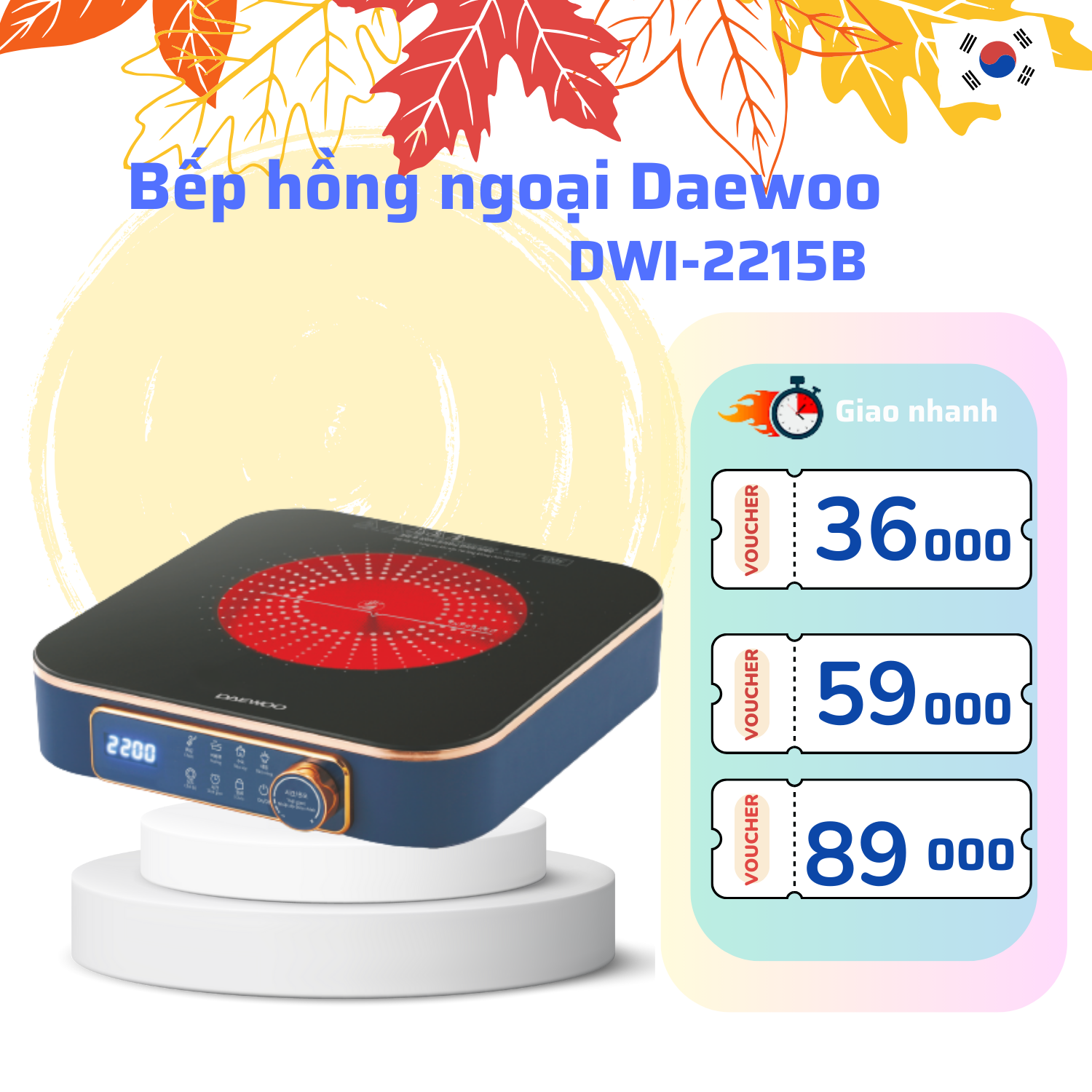 Bếp hồng ngoại Daewoo 2200w mặt ceramic chịu nhiệt, chịu lực bền bỉ, hàng chính hãng DWI-2238MW DWI-2215B