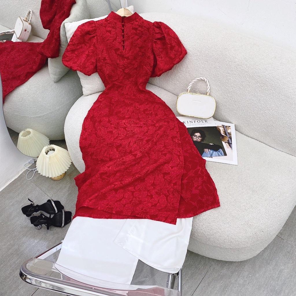 Áo dài đỏ, set áo dài cách tân nữ đẹp, hàng thiết kế có size, chất gấm xốp tay phồng phối quần trắng
