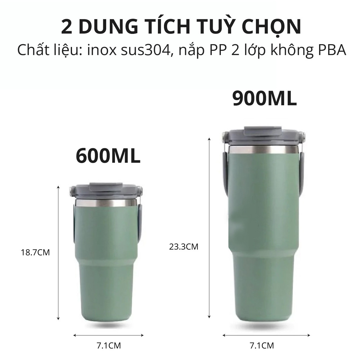 Ly Giữ Nhiệt inox 304 không gỉ sét kèm quai xách và ống hút Mishio size 600ml và 900ml - Hàng chính hãng