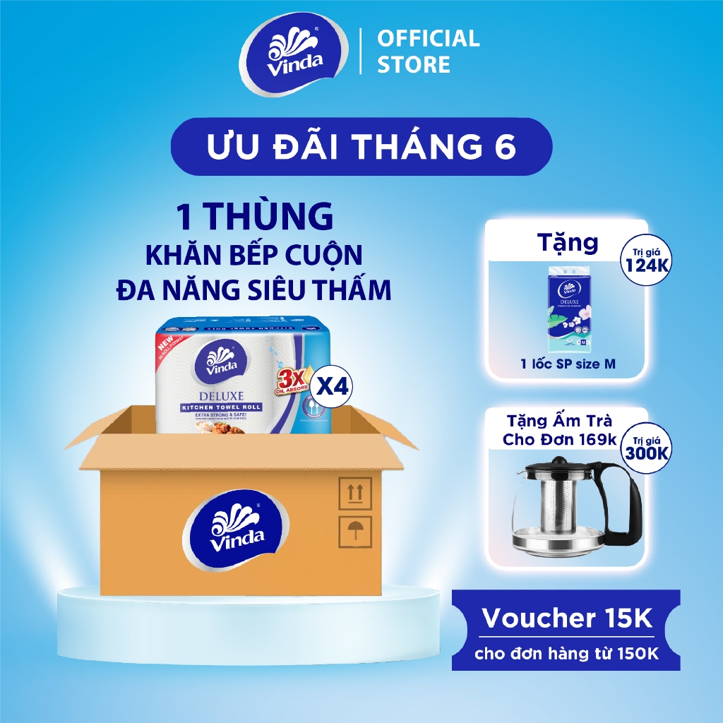 [MUA 1 THÙNG KHĂN BẾP CUỘN TẶNG 1 LỐC KHĂN RÚT SIZE M ] Khăn giấy bếp đa năng siêu thấm Vinda Deluxe (6 Cuộn)