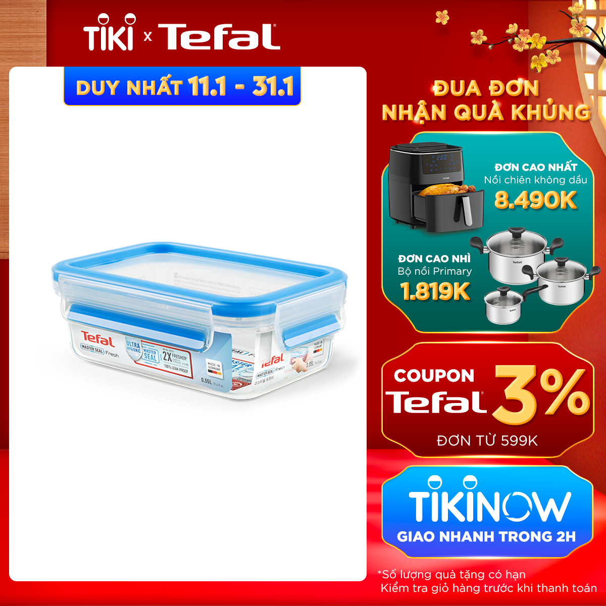 Hộp bảo quản thực phẩm nhựa Tefal Masterseal Fresh 550ml - Hàng chính hãng