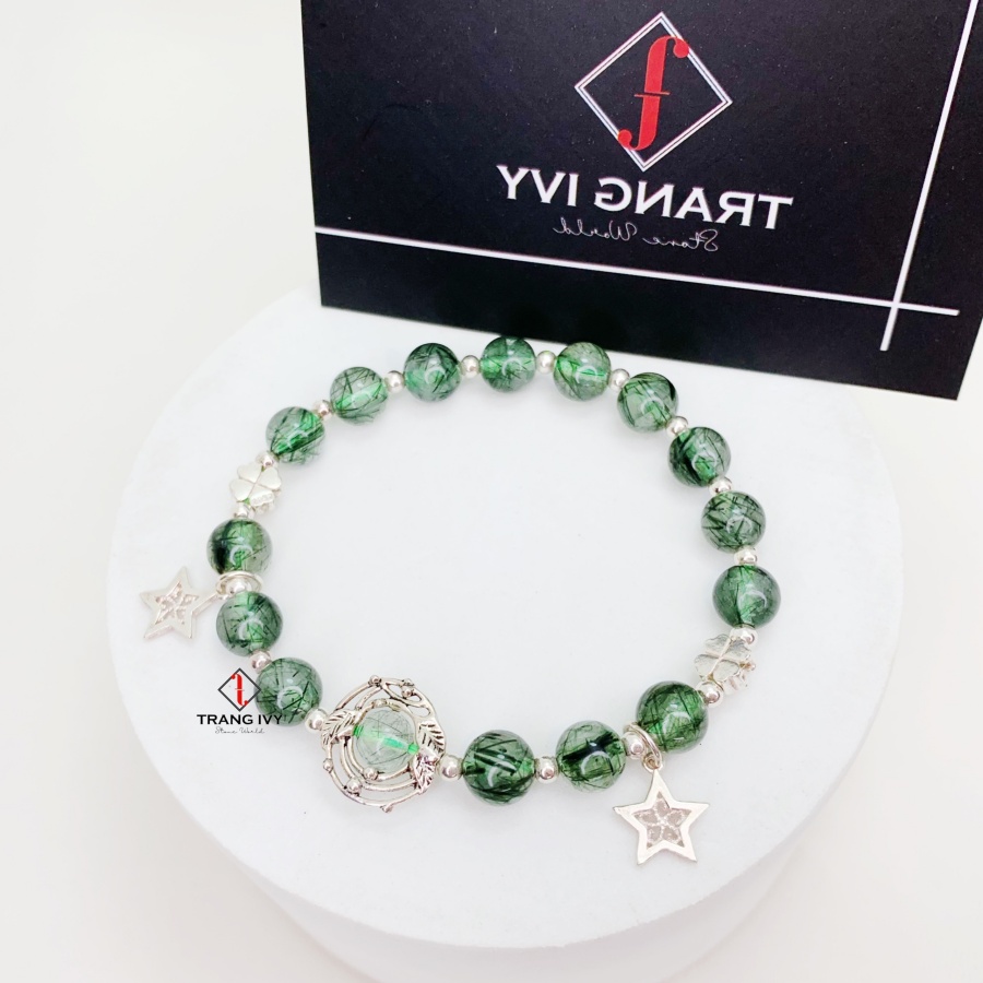 Vòng Tay Thạch Anh Tóc Xanh Mix Charm Bạc