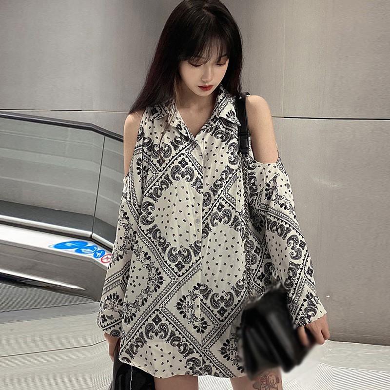 NEW Áo Sơ Mi Nữ Tay Dài Trễ Vai In Họa Tiết Thời Trang