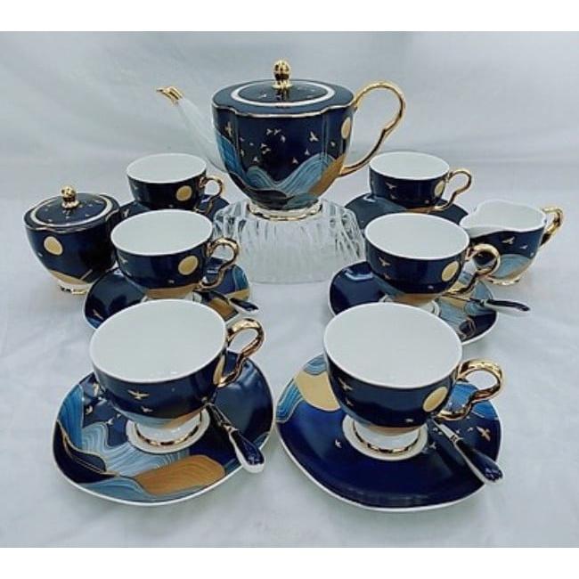 BỘ ẤM CHÉN PHA TRÀ SỨ XƯƠNG CAO CẤP KÈM 6 ĐĨA, 2 TỐNG ĐƯỜNG SỮA MÀU XANH HỌA TIẾT BỌT SÓNG