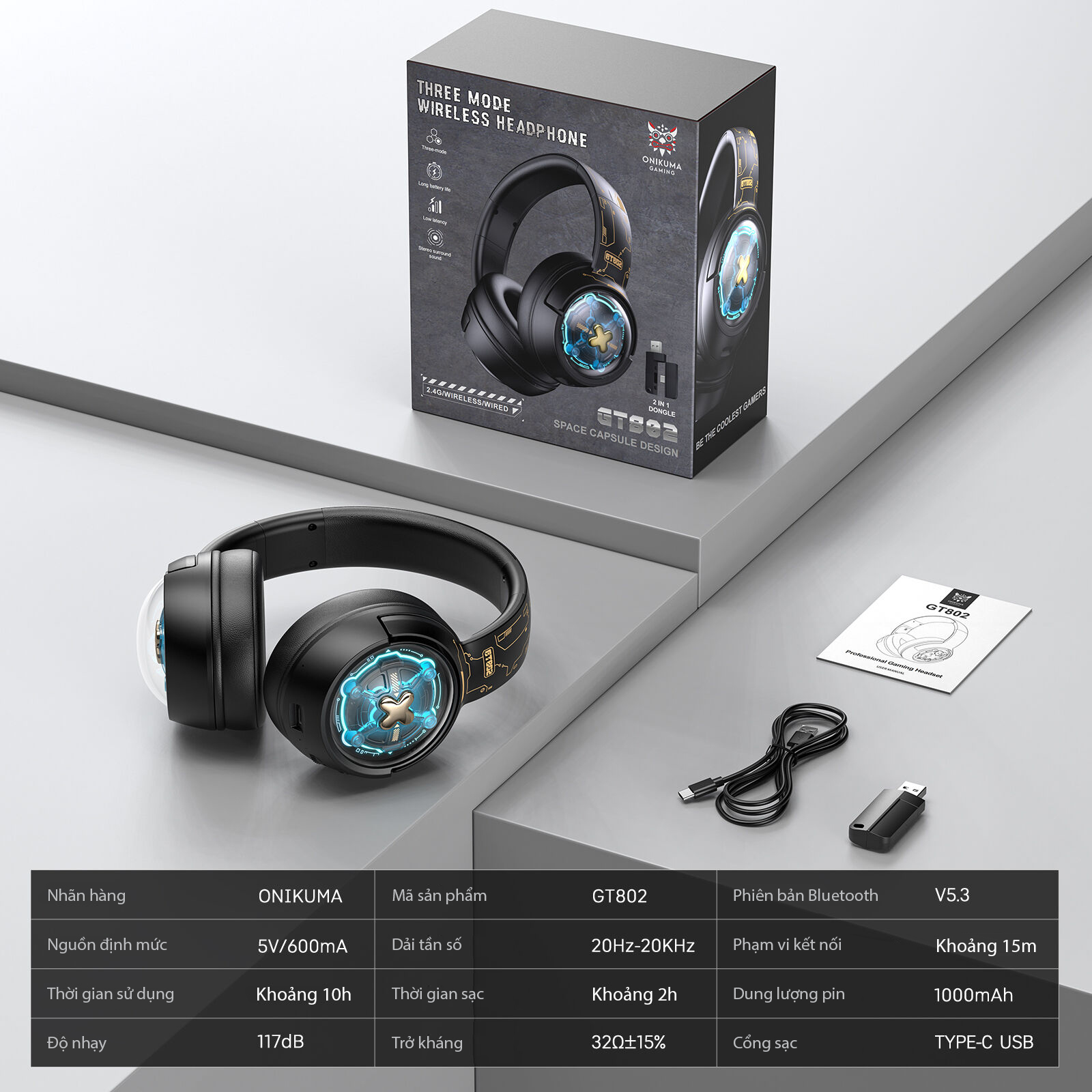 Tai Nghe ONIKUMA GT802 (2.4G+Bluetooth+Wired) Tri-Mode Black - Hàng Chính Hãng