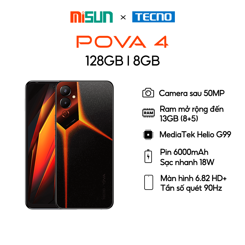 Điện thoại Gaming Tecno POVA 4 8GB/128GB - Hàng Chính Hãng - MediaTek G99 | 6000mAh - 6.6 inch- Bảo hành 13 Tháng