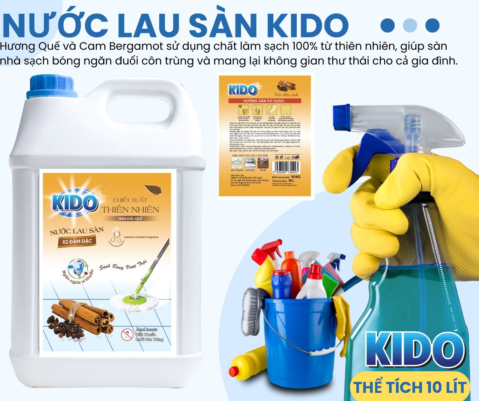 Nước Lau Sàn Kido 10 Lít Hương Lyly - Sạch Sàn, Thơm Nhà, An Toàn Sức Khỏe