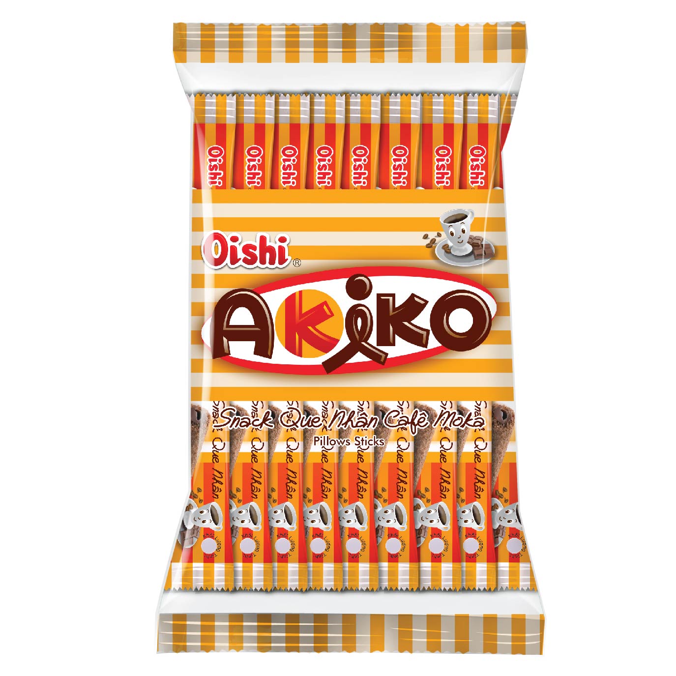 Combo 10 gói Oishi Snack Que Nhân Café Moka Akiko (160g/gói/20 que)