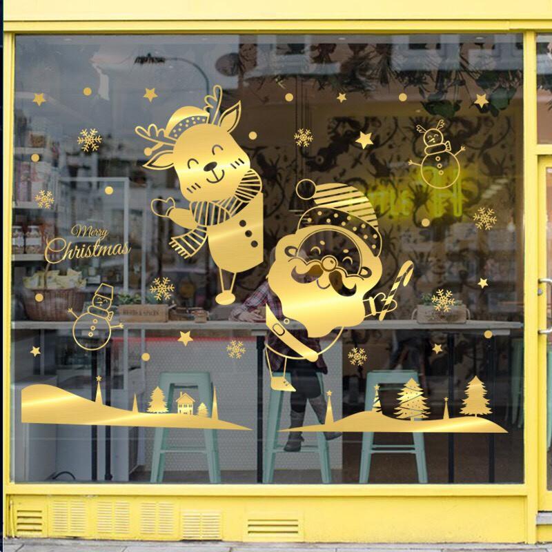 Decal trang trí tường Noel - Ông già noel tuần lộc nhí chào lễ ánh vàng cao cấp