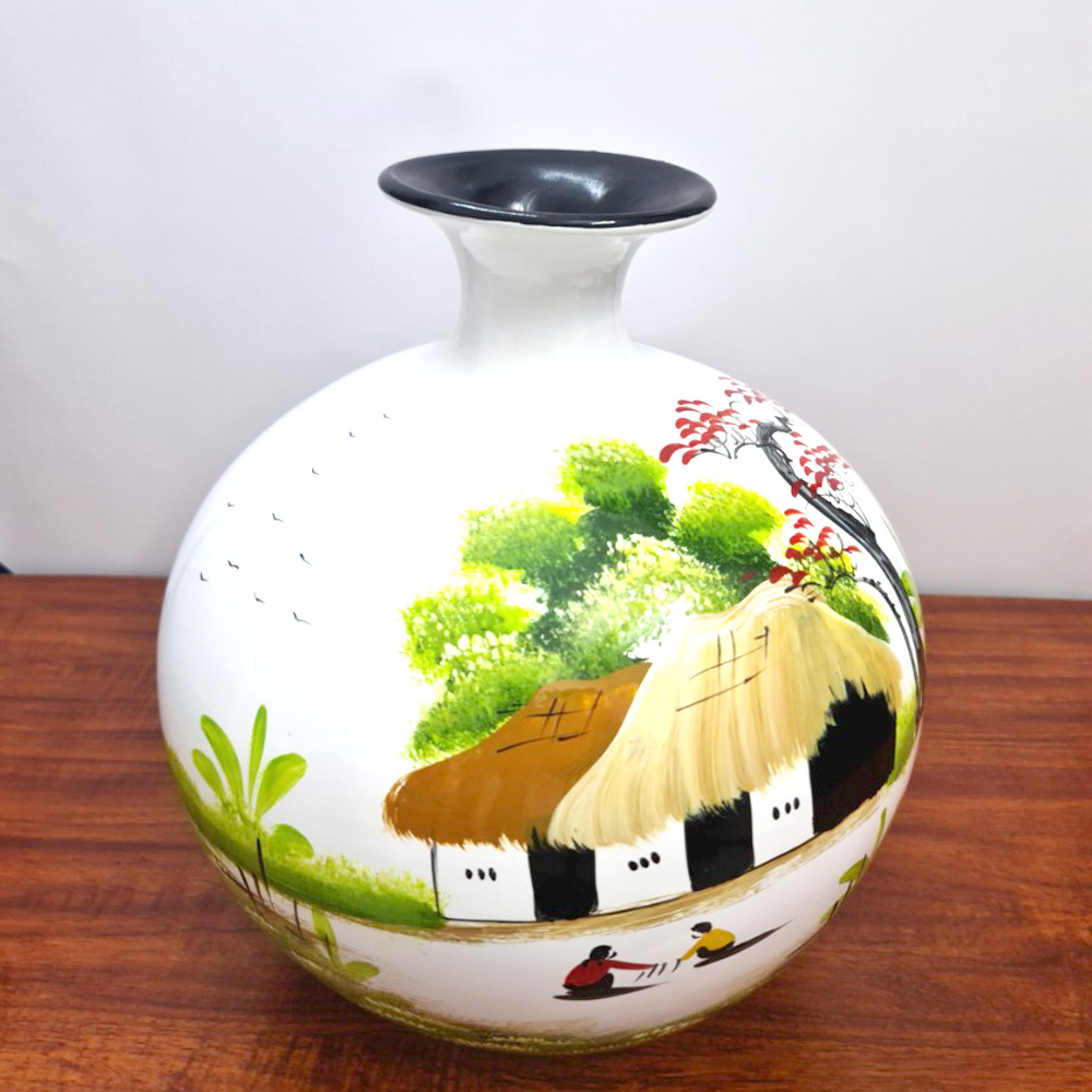 Bình Hút Lộc Gốm Sứ Trắng Vẽ Tranh Đồng Quê - 30cm - Maxi