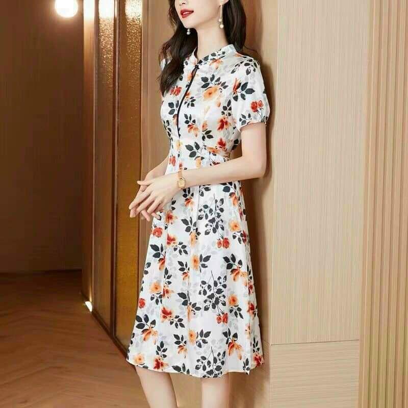 HÀNG NHẬP - ĐẦM XÒE LỤA HOA CAM CỔ TÀU