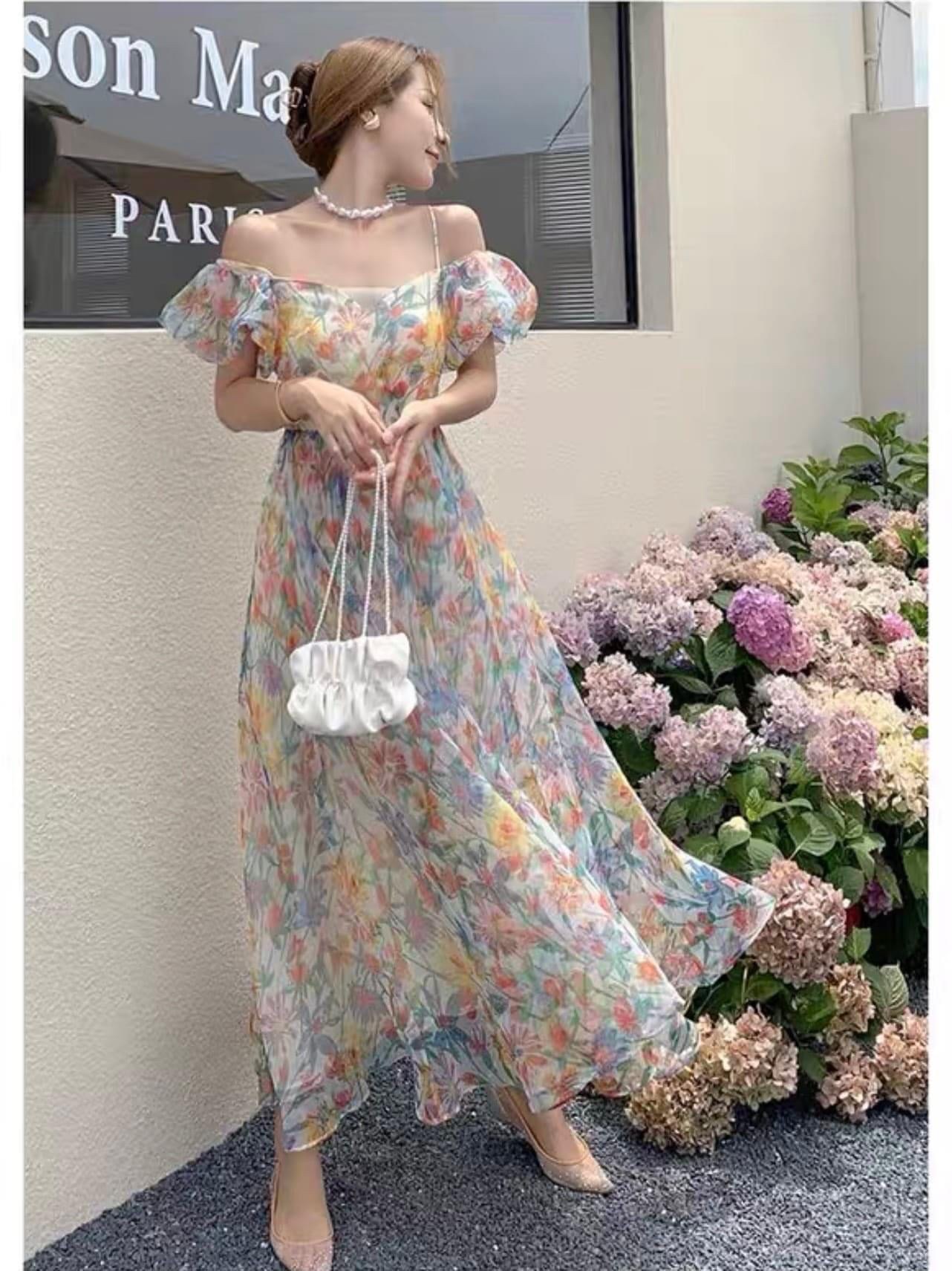 ĐẦM DÀI HOA MAXI ĐI BIỂN CỔ U DÂY LƯNG SUÔNG XÒE MIDI FLORAL DẠO PHỐ DỰ TIỆC
