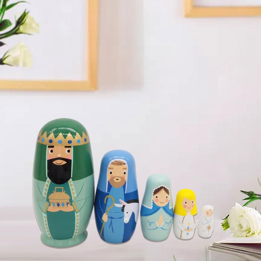 Set of 5 Cartoon Matryoshka Wooden Russian Nesting Dolls Decor
