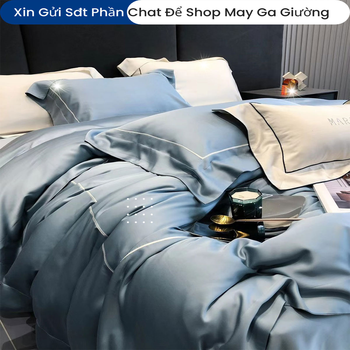 Bộ Chăn Ga Gối Đệm Lụa Tencel 100s Mark Cross 5 Món Cao Cấp Chăn Chần Bông Lụa Mềm