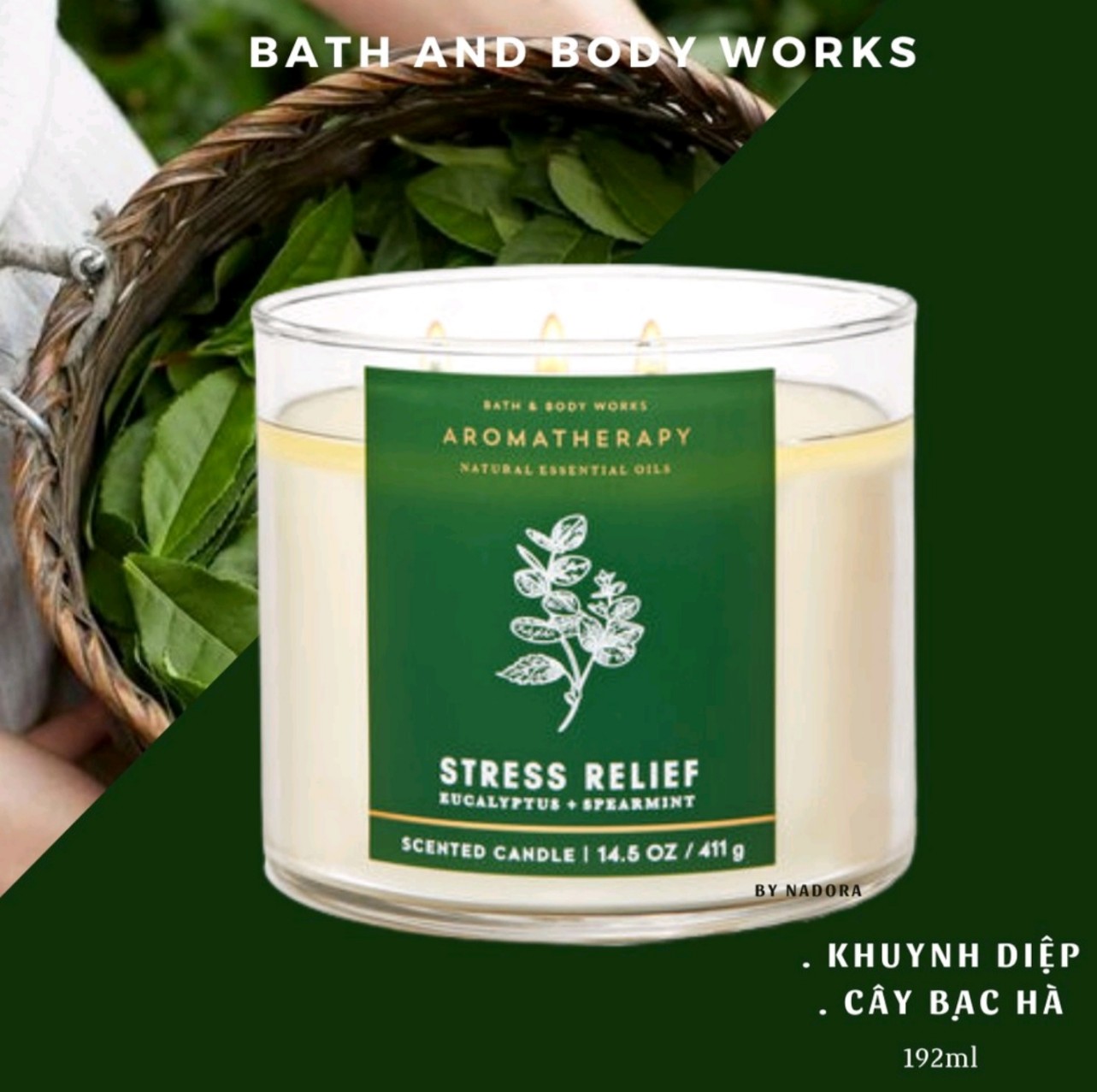 Nến thơm Bath and Body Works Stress Relief Eucalyptus Spearmint 3 bấc