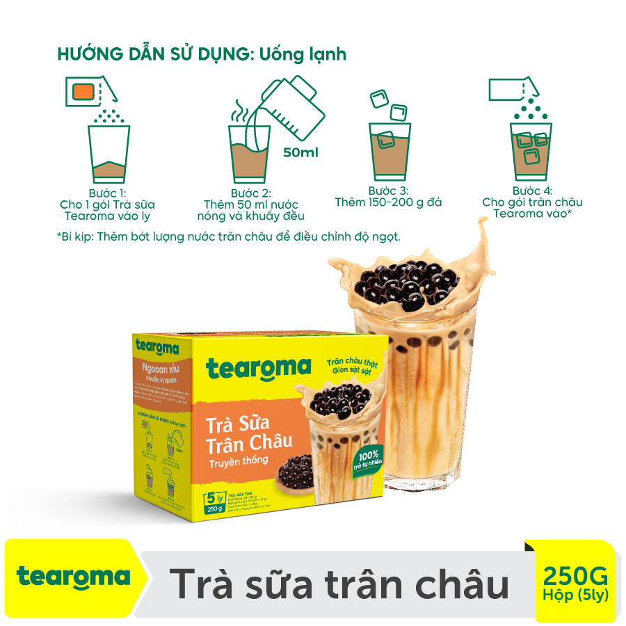 Combo 3 Trà sữa trân châu Tearoma truyền thống (Hộp 5 ly/ 250g, 5 gói trà sữa x 22g, 5 gói trân châu x 28 g)