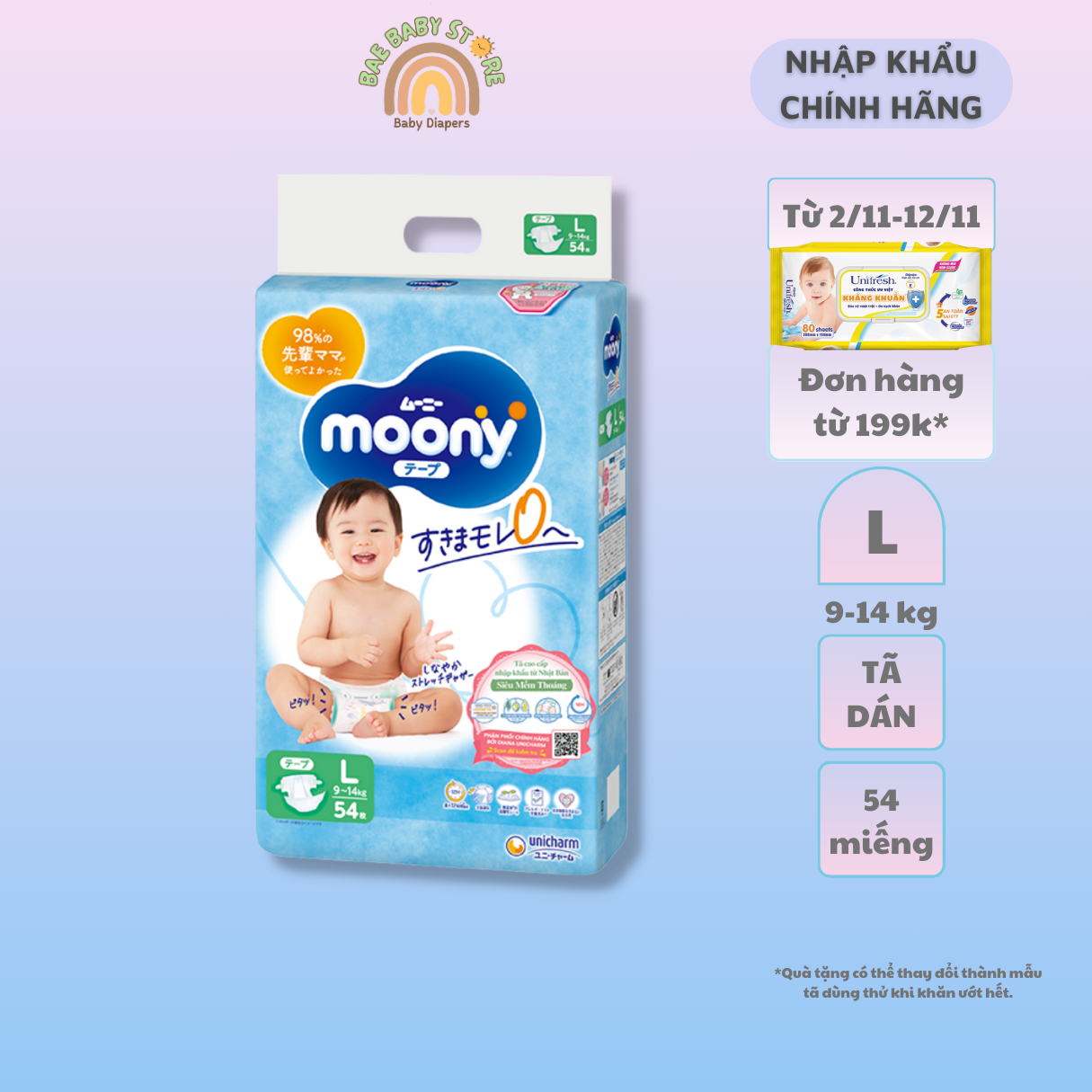 Tã dán cao cấp Moony S84/M64/L54 - Nhập Khẩu Chính Hãng