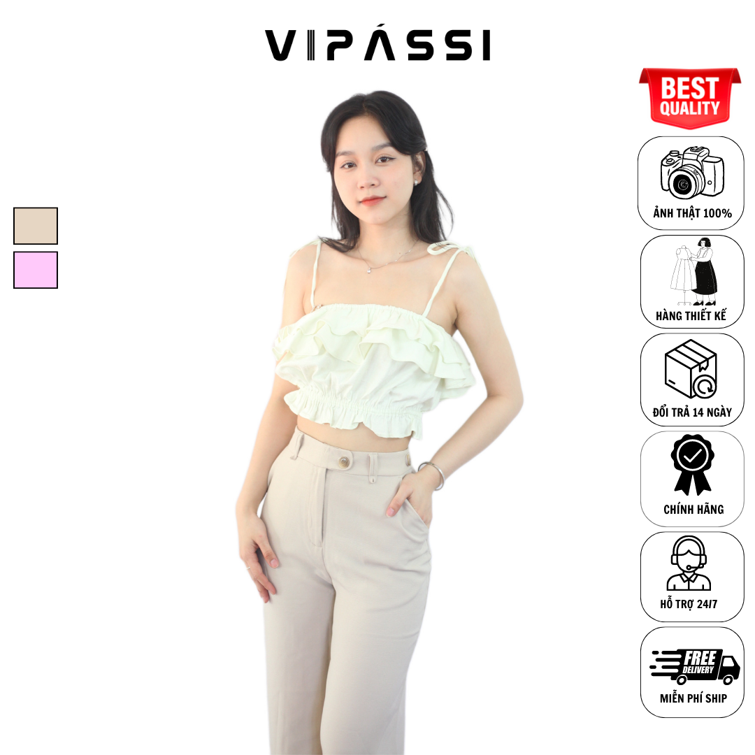 VIPÁSSI - Quần Tây Dài Dáng Suông Loe Nhẹ Khóa Kéo Lưng Cao Họa Tiết Quai Dê Ngắn