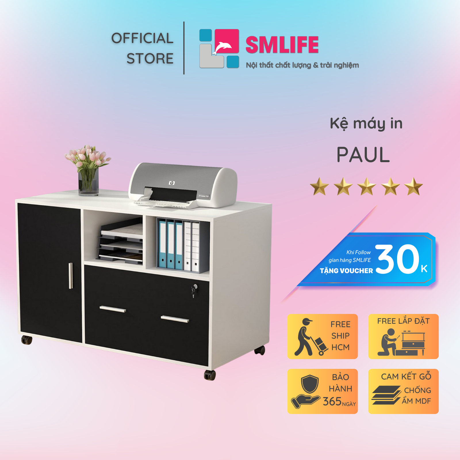 Tủ đựng tài liệu, tủ để hồ sơ, tủ để máy in gỗ hiện đại SMLIFE Paul | Gỗ MDF dày 17mm chống ẩm | D100xR50xC71cm