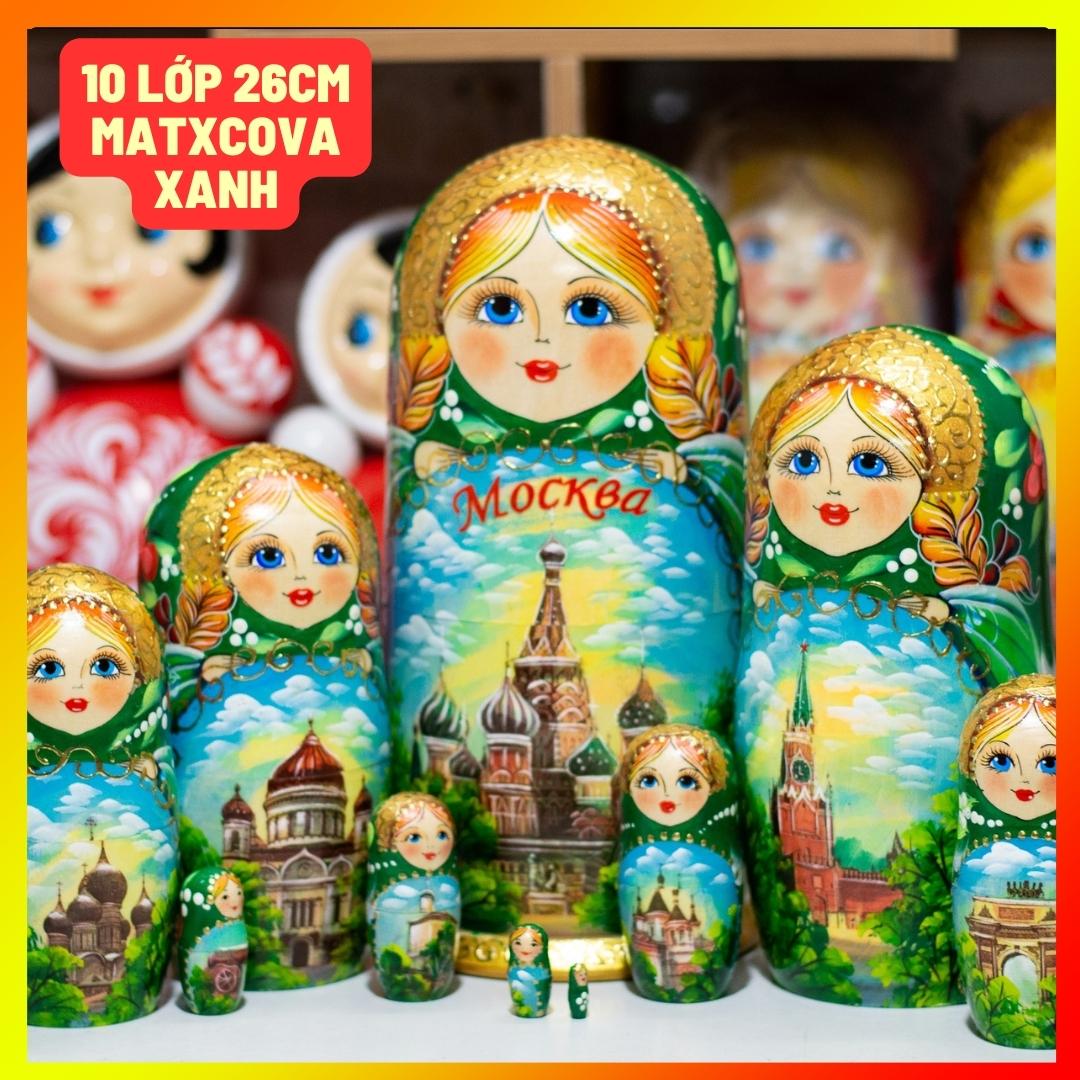 BỘ BÚP BÊ NGA MATRYOSHKA 10 LỚP SIE 26CM HOA VĂN &quot;PHONG CẢNH MATXCOVA&quot; NHIỀU MÀU