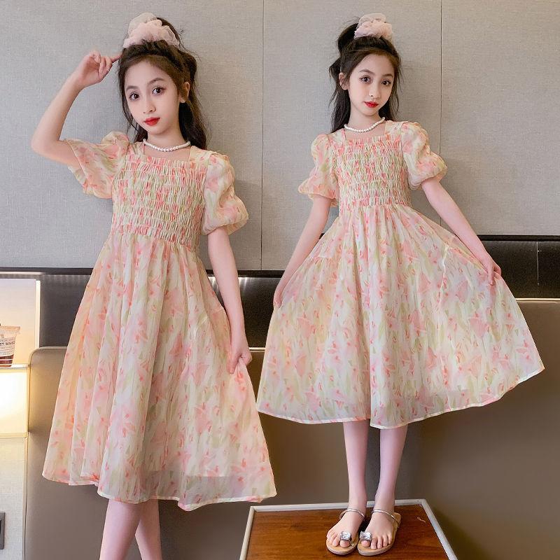 DONGSHOP HOT Cô gái váy mùa hè phong cách phương Tây 2023 Big Boy váy mùa hè chiffon đầm mùa hè cô gái mảnh hoa công chúa váy