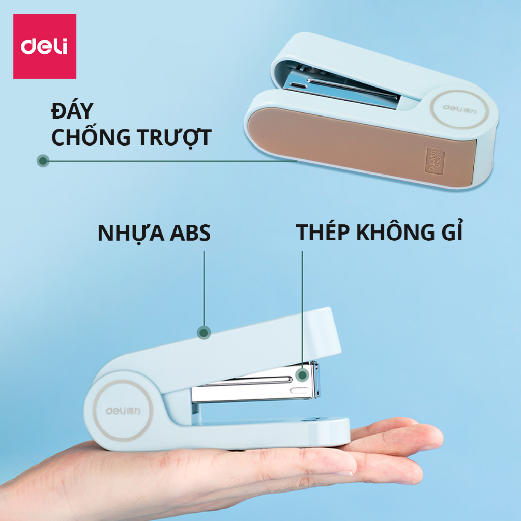 Dập ghim học sinh văn phòng mini Deli 25 trang, Ghim bấm giấy số 12 màu pastel, nhỏ gọn, tiện lợi