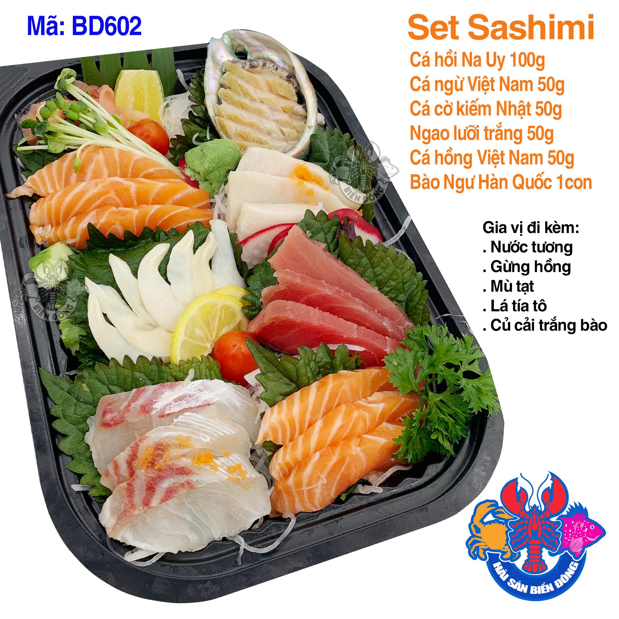 Mã 602_Set Sashimi Cá Hồi, Cá Ngừ, Cá Cờ Kiếm, Ngao lưỡi trắng, Cá Hồng 300g và Bào Ngư Hàn Quốc 1 con