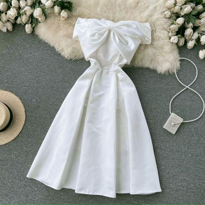 TTL đầm xòe midi trắng nơ ngực trễ vai tiểu thư dự tiệc váy cưới cô dâu có mút nhún xoắn ngực