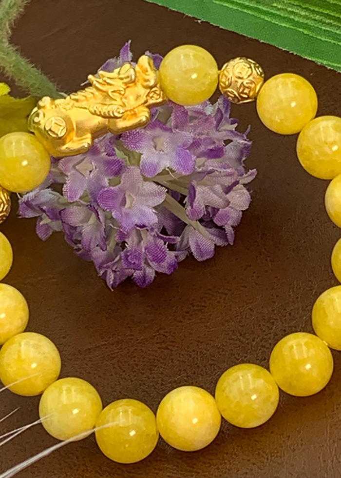 Vòng Đá Thạch Anh Vàng Vân 10 Ly Charm Tỳ Hưu Bạc Si
