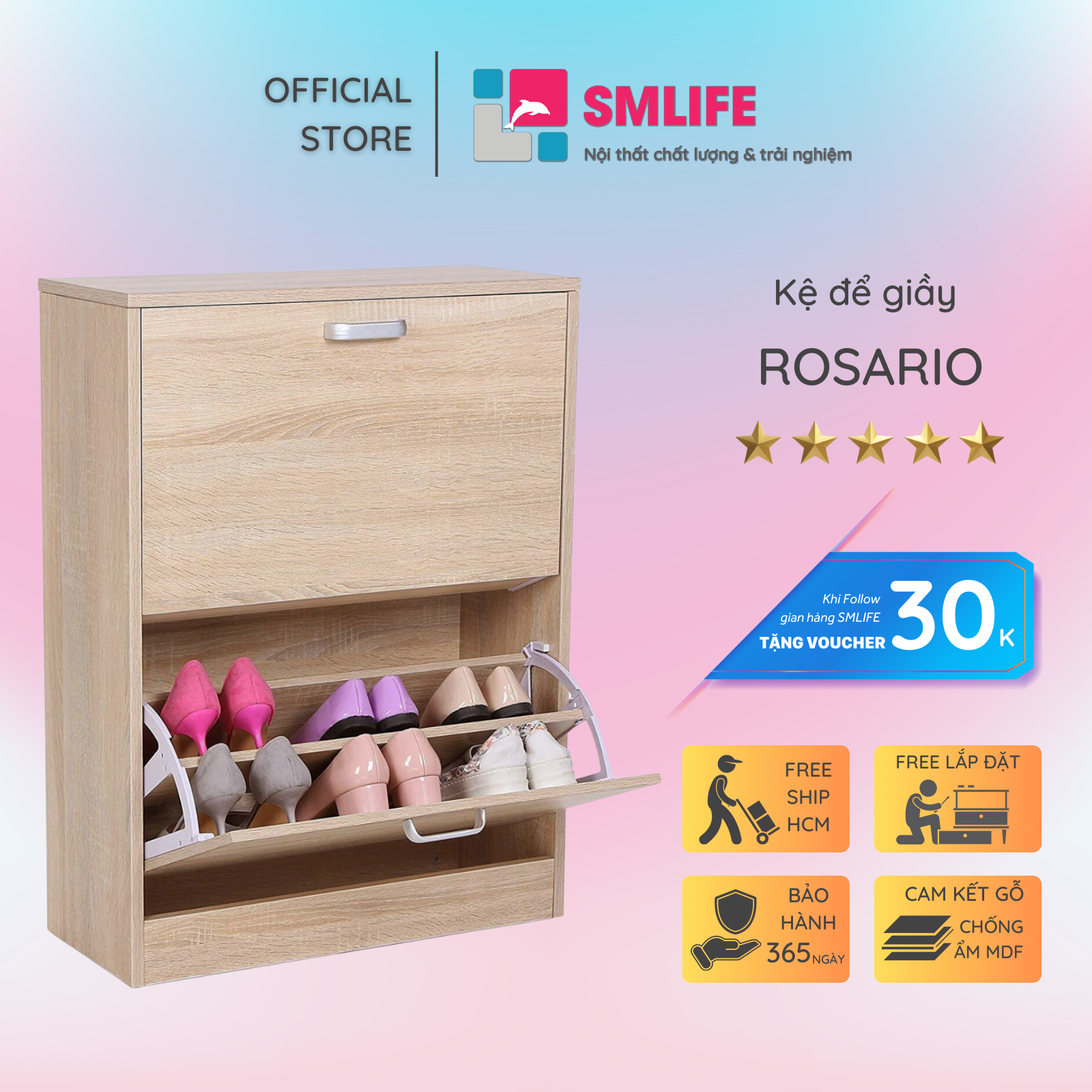 Tủ gỗ để giày hiện đại SMLIFE Rosario | Gỗ MDF dày 17mm chống ẩm | D60xR25xC80cm