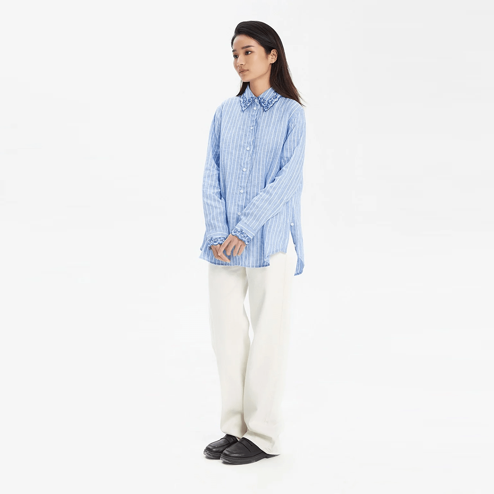 TheBlueTshirt - Áo Sơ Mi Phom Rộng Nữ Vải Lanh Cổ Áo Thêu Hoạ Tiết - Oversized Embroidered Linen Shirt - Floral Liana