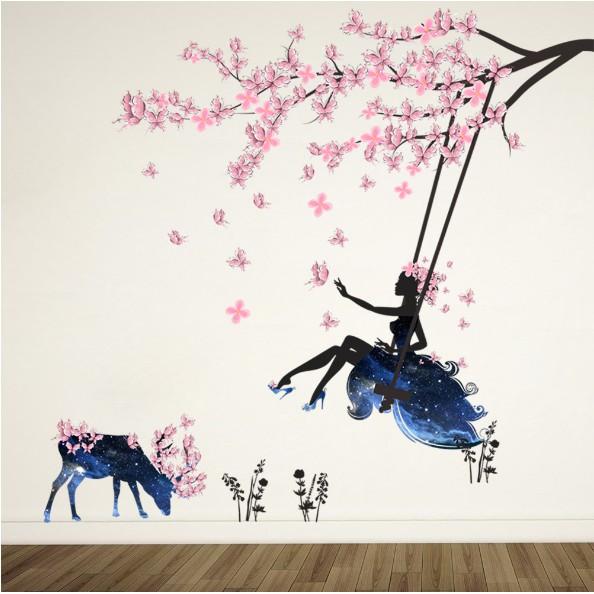 Decal trang trí tường - Cô Gái Hoa Xích Đu và Trâu Hoa