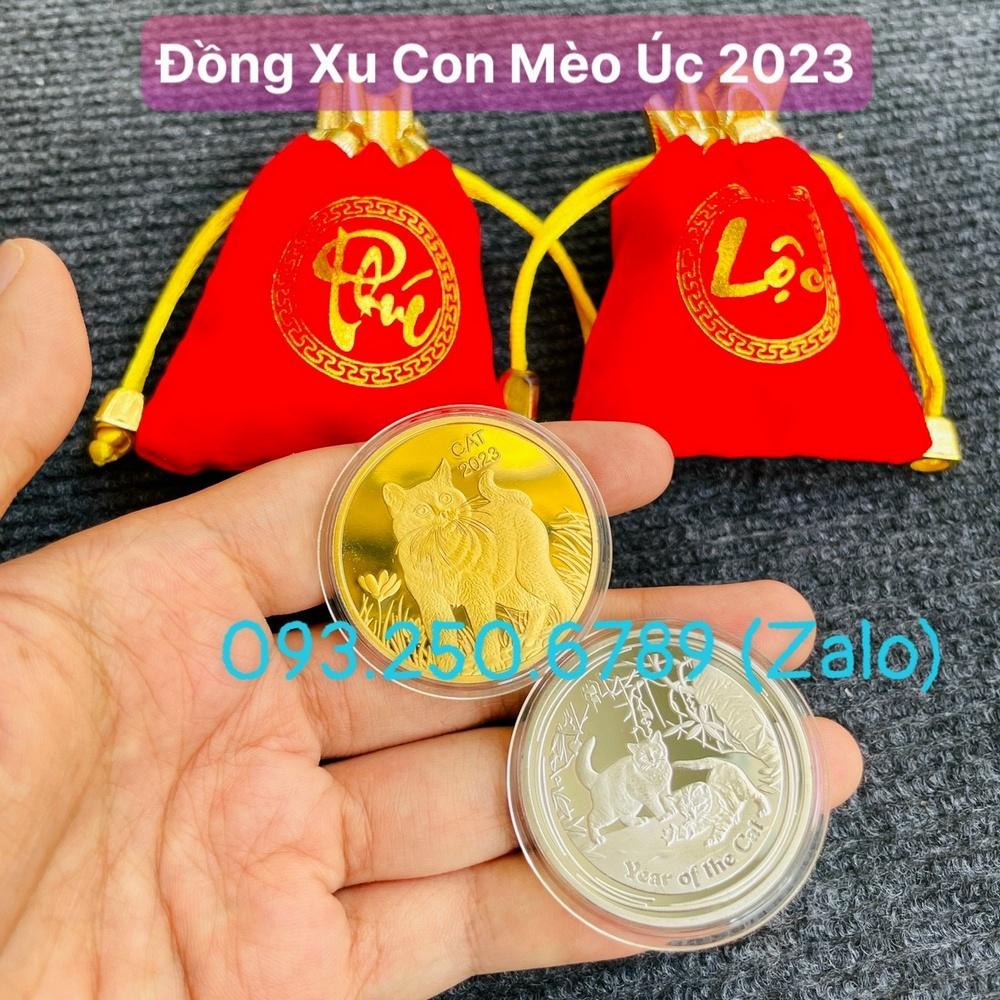 Cặp xu hình con Mèo Úc làm quà tặng Tết 2023 - túi LỘC nhung đỏ tặng kèm, Lì Xì Tết - NELI