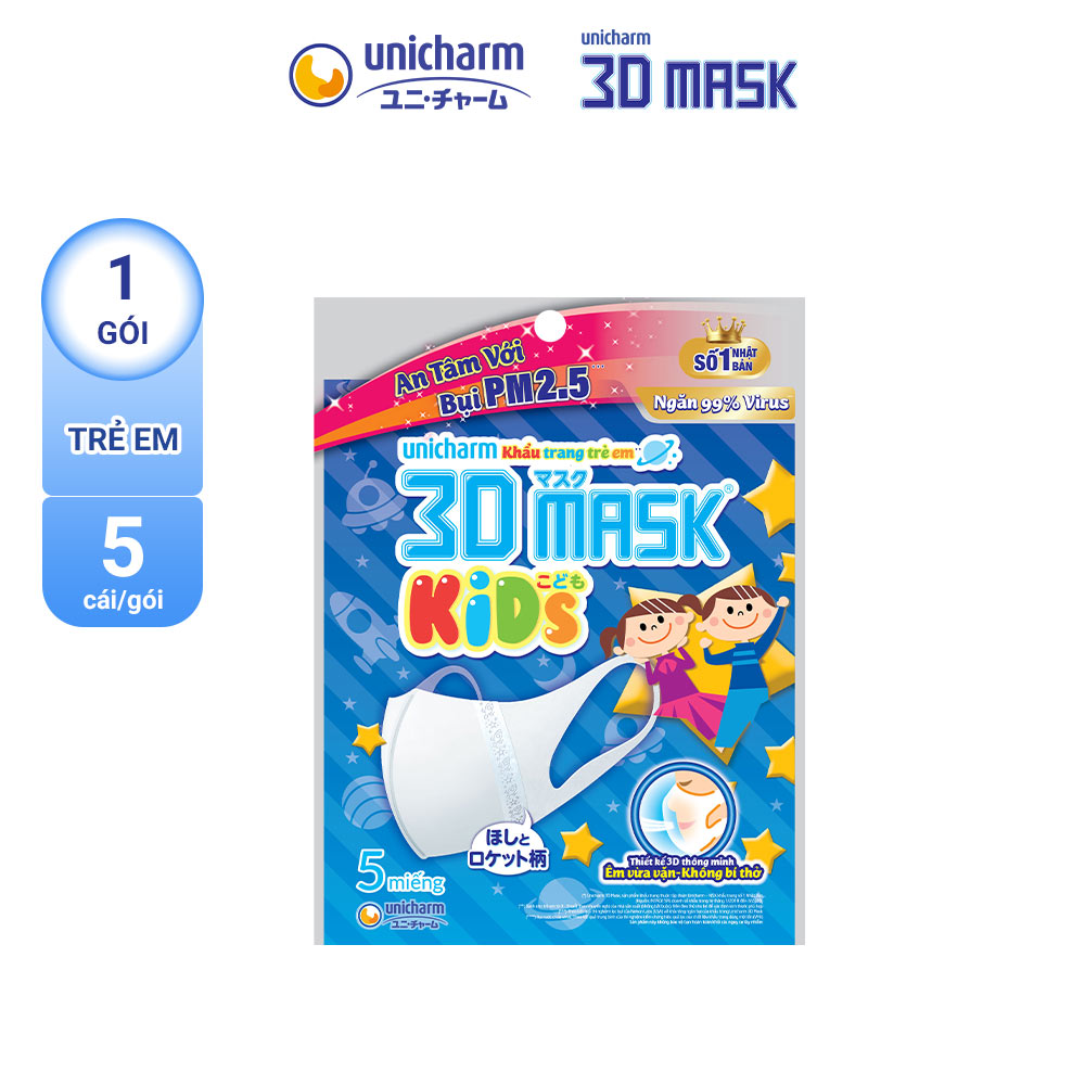 Khẩu Trang 3D Mask Gói 5 Cái Ngăn Khói Bụi Super Fit Size M/ 3D Mask KID/ Virus Block Size M