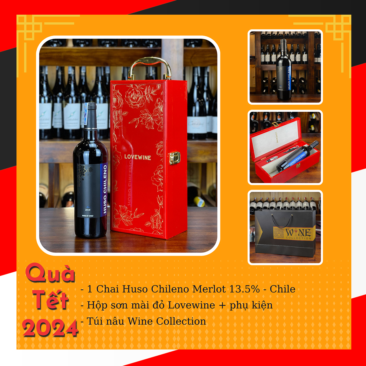 Hình ảnh Hộp sơn mài Lovewine 1 chai rượu vang Chile Huso Merlot