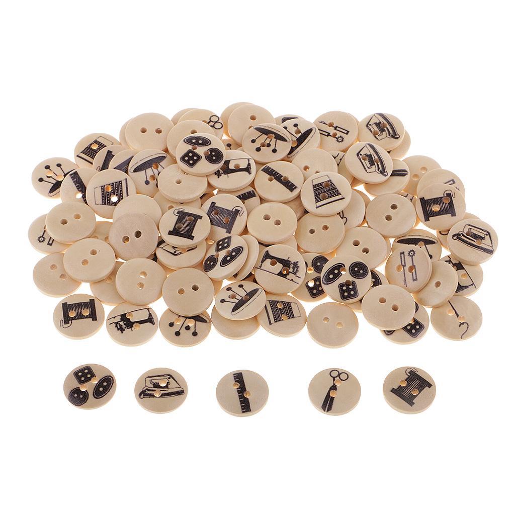 DIY 100Pcs 15mm Round Wood Button 2 Holes Mixed Pattern Sewing Accessories Craft Decoration