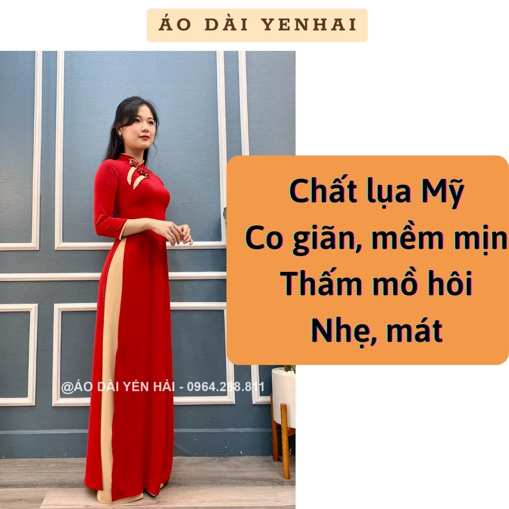 Áo dài truyền thống Lụa Thái Tuấn màu đỏ có đính Hoa thiết kế trước ngực