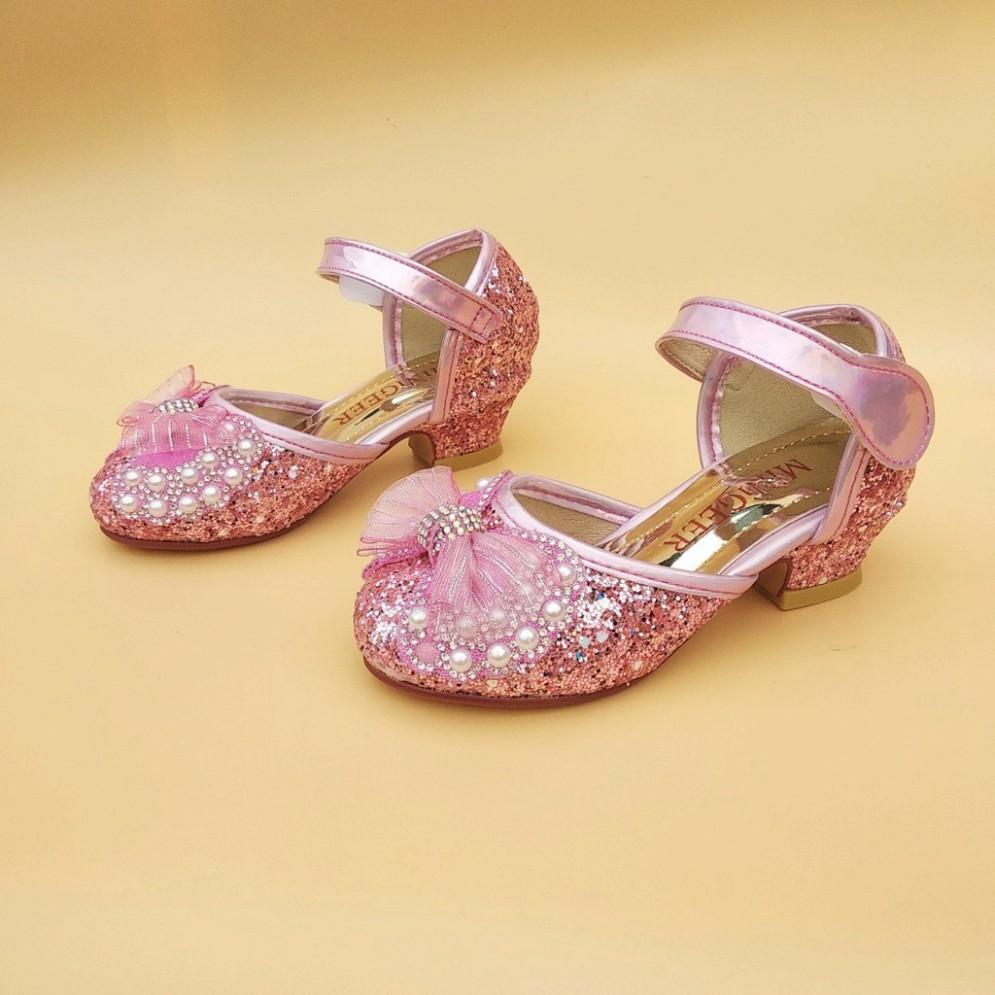 Giày Sandal bé gái - Giày cao gót 2cm kim tuyến đính nơ