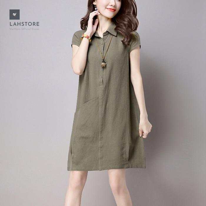 Đầm suông cổ sơ mi LAHSTORE phối túi bên hông, thời trang phong cách Hàn
