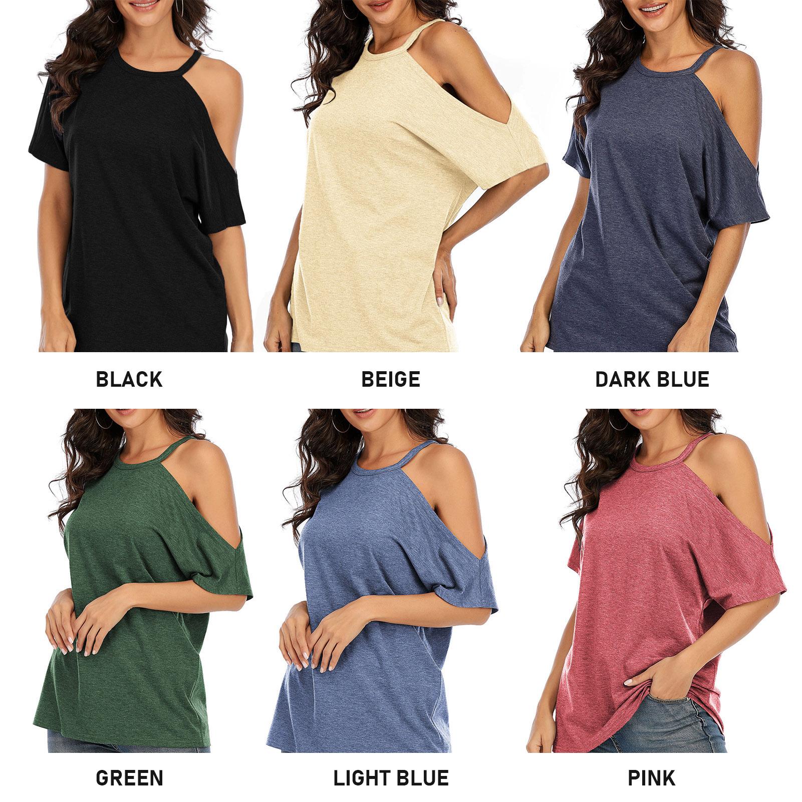 Fashion Women Summer Solid Color T-Shirt Off Shoulder O Neck Short Sleeve Casual Loose Blouse