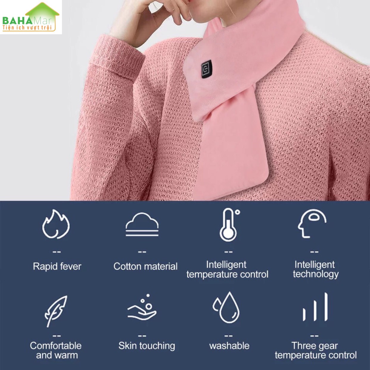 KHĂN QUÀNG CỔ THÔNG MINH LÀM NÓNG BẰNG NHIỆT "BAHAMAR" làm nóng giữ ấm cổ, cơ thể để giảm mệt mỏi. Có 3 chế độ làm nóng, kiểm soát nhiệt độ thông minh