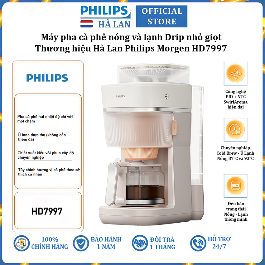 Máy pha cà phê nóng và lạnh Drip nhỏ giọt thương hiệu Hà Lan cao cấp Philips Morgen HD7997 920W - Hàng chính hãng