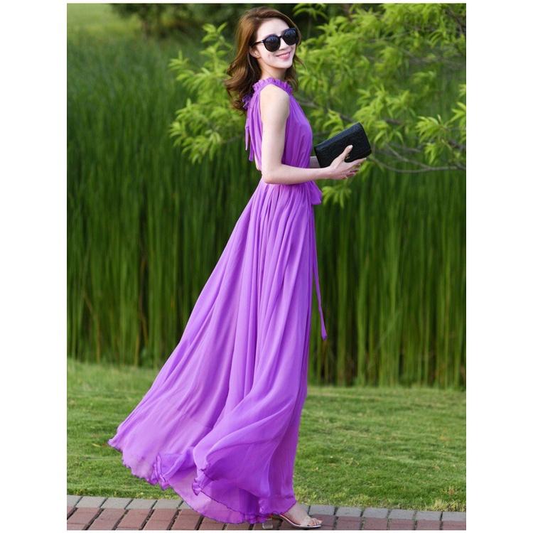 ĐẦM MAXI SUÔNG CỔ YẾM THẮT DÂY EO
