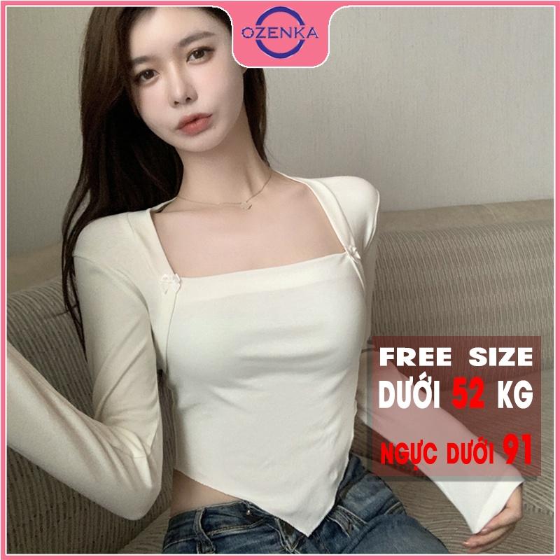 Áo croptop tay dài cổ vuông vạt yếm , crt ôm nữ đen trắng thun gân 100% cotton free size dưới 52 kg