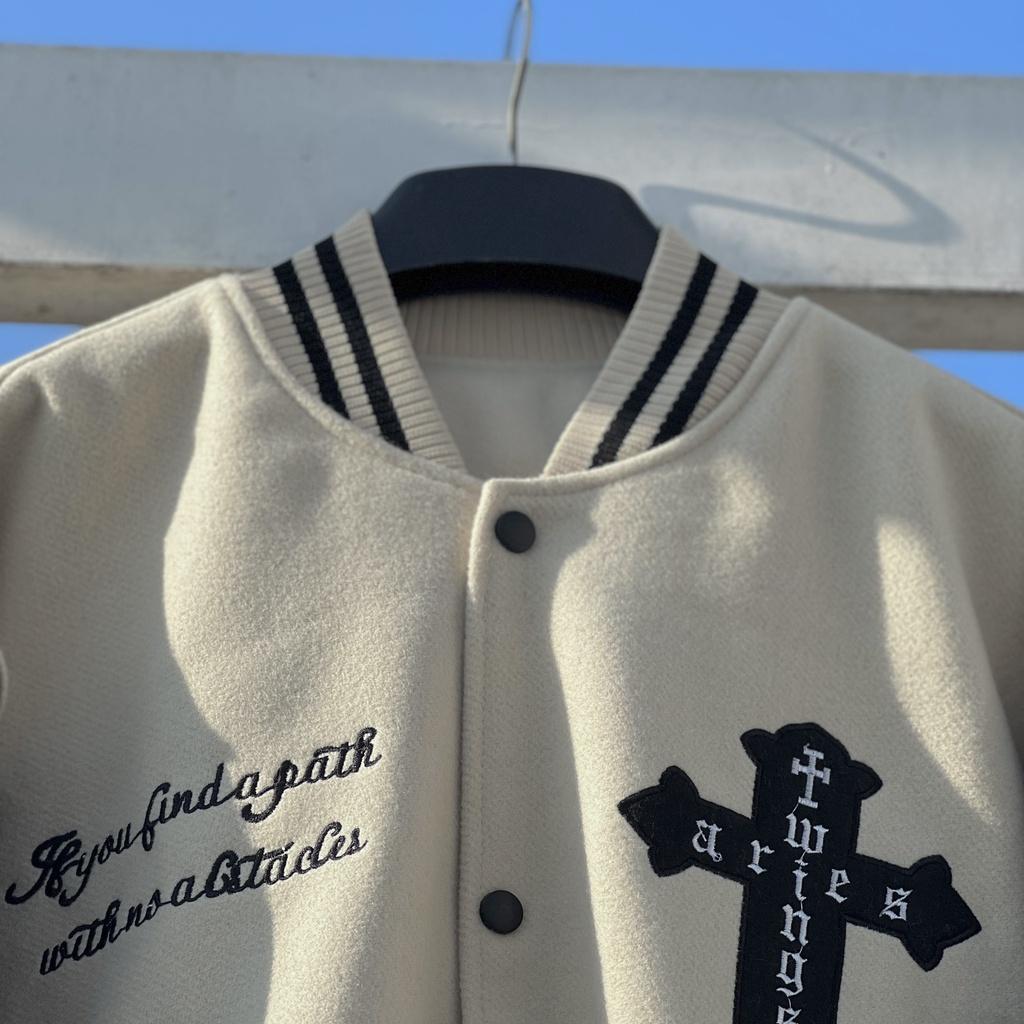 Bomber tay da , varsity jacket nam nữ chất dạ 2 lớp , áo khoác bóng chày local brand unisex - Gin Store