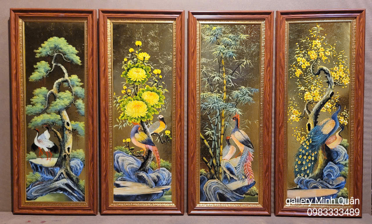 Bộ tứ quý sơn dầu thếp vàng -TÙNG CÚC TRÚC MAI